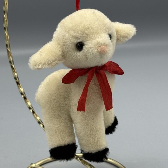 Vtg Philip Strahl Pelham NY Plush Lamb Christmas Ornament Red Satin Ribbons 4.5" - Picture 1 of 10
